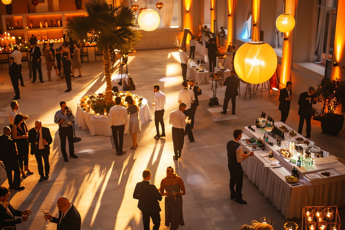 A festive gathering in a beautifully lit room, with guests mingling and enjoying the ambiance.